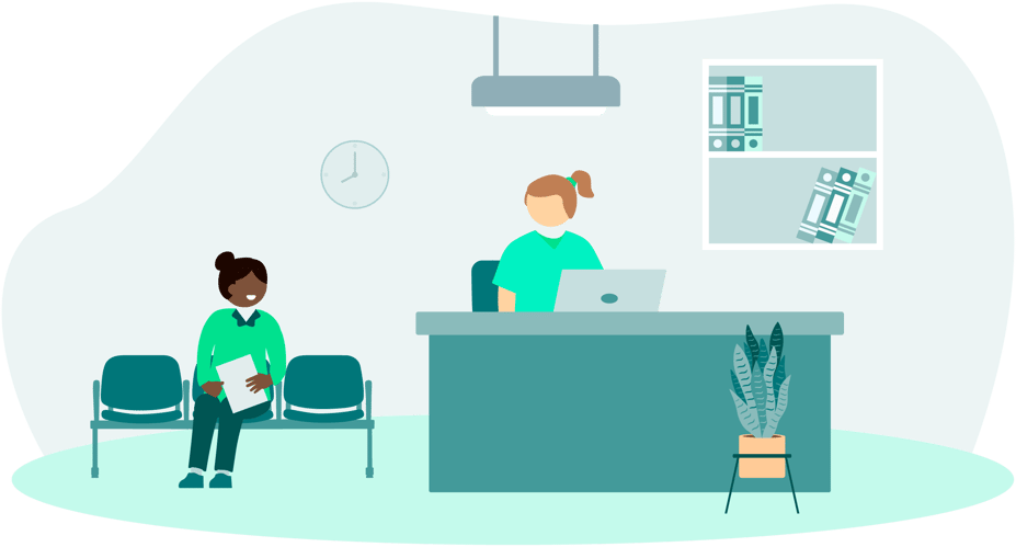 patient sitting in lobby near check-in desk