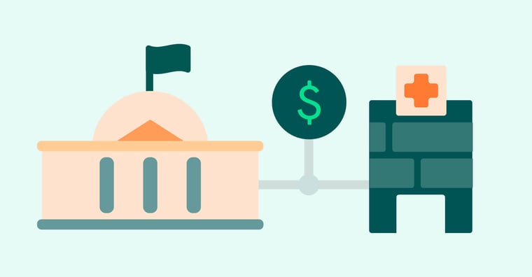 illustration of capitol building, dollar sign and hospital