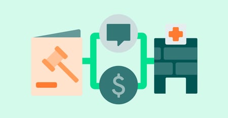 gavel, money symbol and hospital illustration