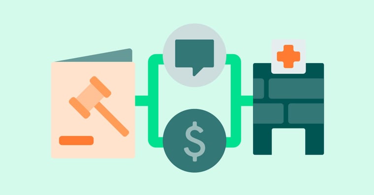 gavel, money symbol and hospital illustration
